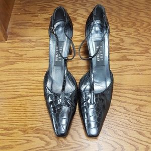 Stuart Weitzman T-Strap Croc Leather Pumps